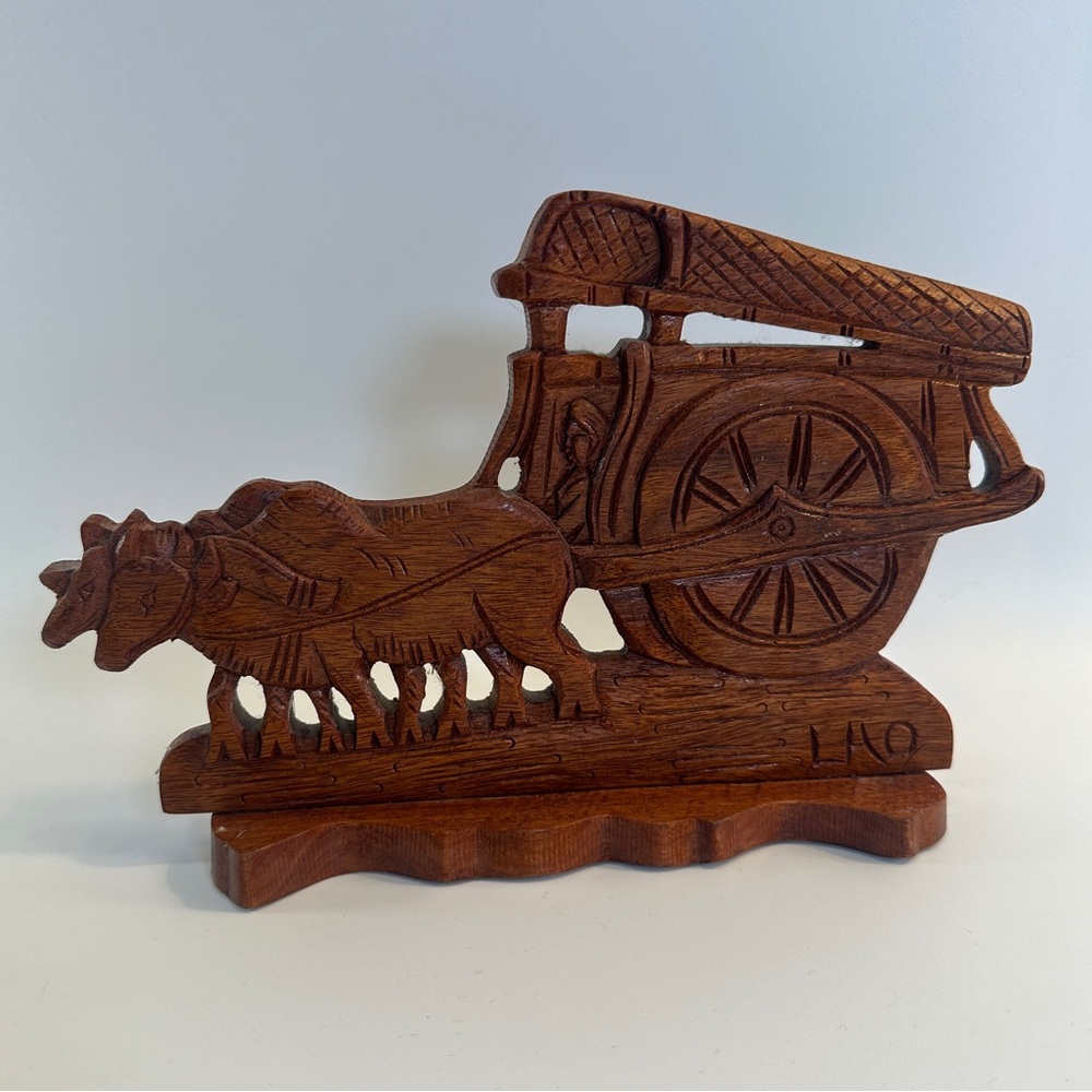 VTG Wood Hand‎ Carved Ox Drawn Covered Wagon Carriage Art